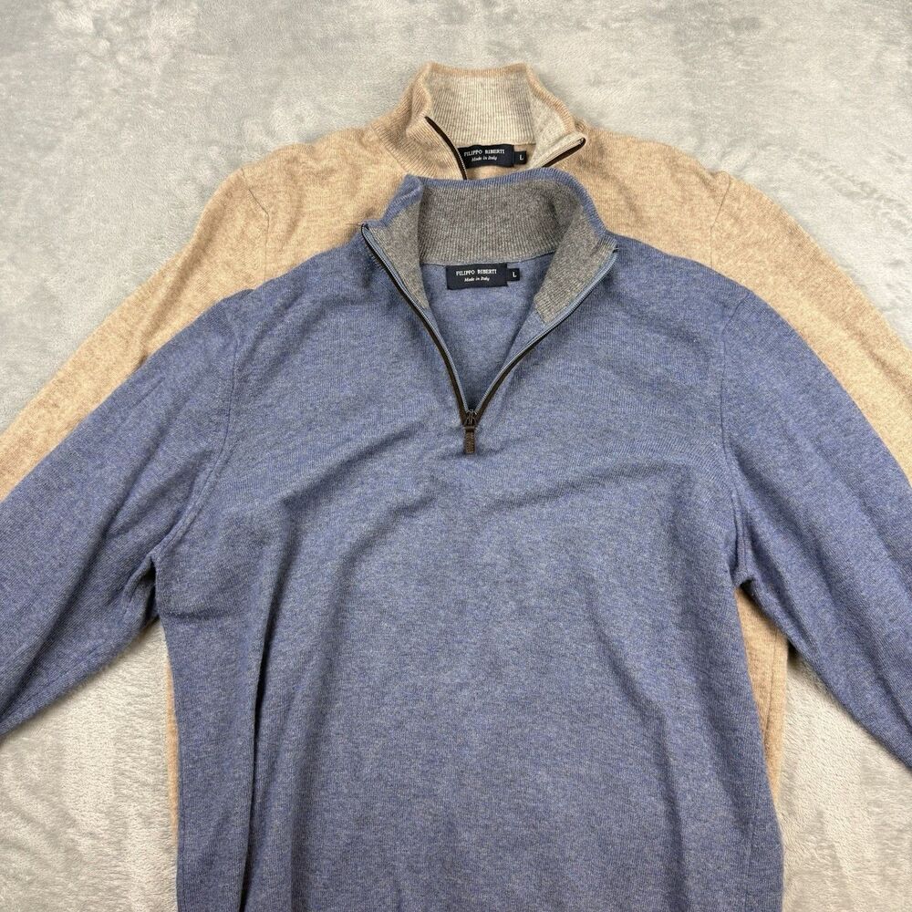 Filippo Riberti Made in Italy Merino Wool Quarter Zip Sweater Bundle 2 Mens L